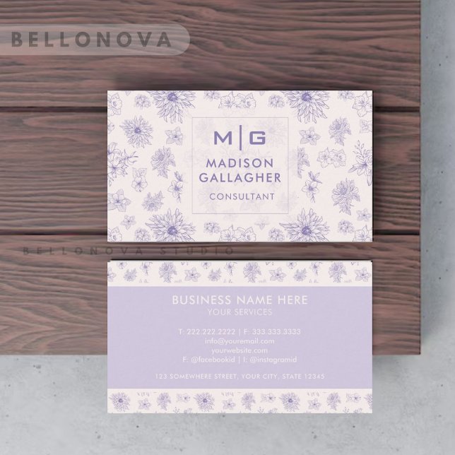 Tarjeta De Visita Personalizado Violet Purple Soft Pink Floral Profe (Custom Violet Purple Soft Pink Floral Professional Business Card)