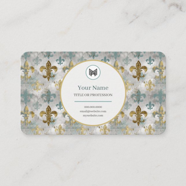 Tarjeta De Visita PERSONALIZADO Weathered Fleur de Lis | Aqua Blue & (Anverso)