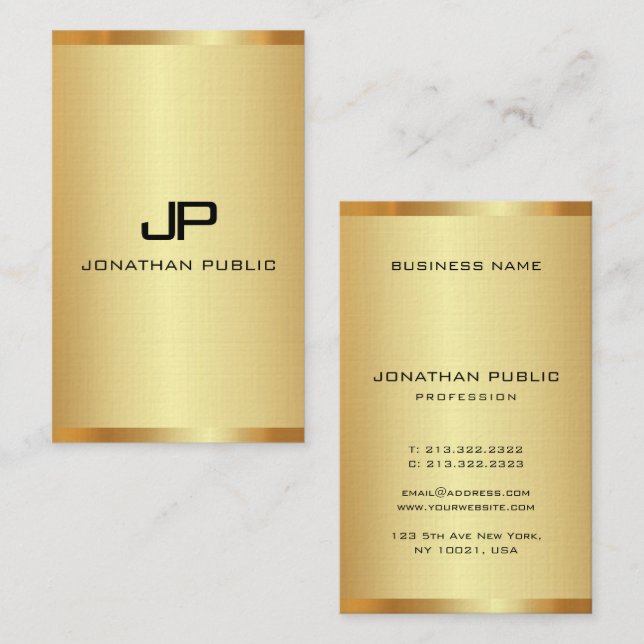 Tarjeta De Visita Personalizar Monograma Elegante Faux Gold Vertical (Anverso / Reverso)
