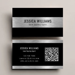 Tarjeta De Visita Personalized Elegant Brushed Silver Black QR Code