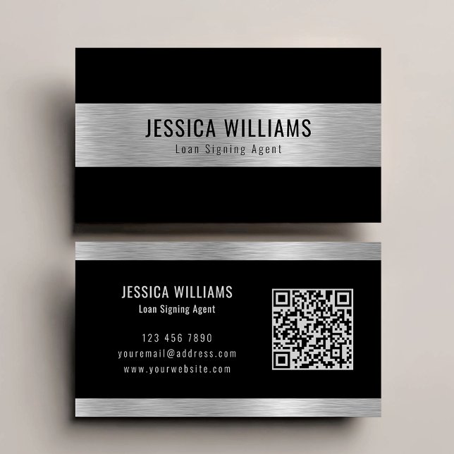 Tarjeta De Visita Personalized Elegant Brushed Silver Black QR Code (Subido por el creador)
