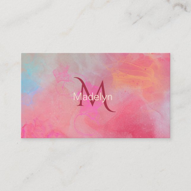 Tarjeta De Visita Personalized Name + Monogram Pink Watercolor Ink (Anverso)