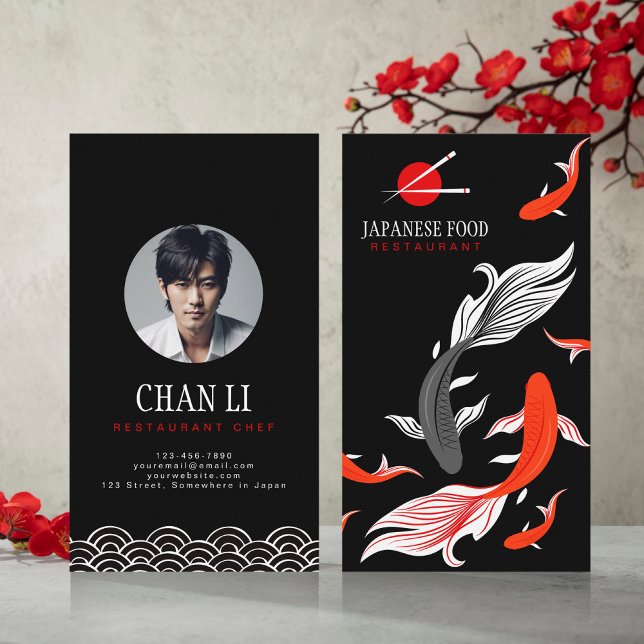 Tarjeta De Visita Pescado Gray Koi Rojo en fondo negro Arte japonés (Subido por el creador)