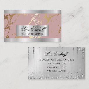 Tarjeta De Visita Pestañas & Cejas Microblading Brillo Rosa y Plata