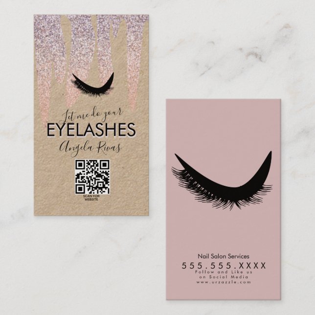 Tarjeta De Visita Pestañas con Código QR Rosa Brillo Goteo Rústico B (Anverso / Reverso)
