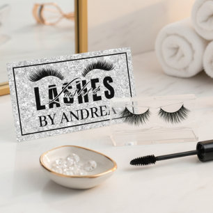 Tarjeta De Visita Pestañas Elegantes con Brillo de Plata Belleza Per