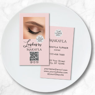 Tarjeta De Visita Pestañas Foto Código QR Logo Escritura Rosa Rubor
