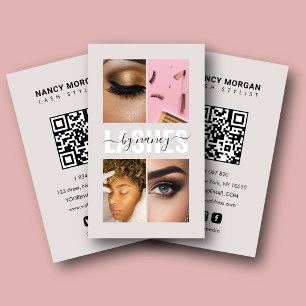 Tarjeta De Visita Pestañas Guión Collage de Fotos Código Qr Beige