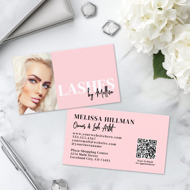 Tarjeta De Visita Pestañas Postizas con Código QR de Letra Script Ro (Blush Pink Script QR Code Photo Lashes Business Card)