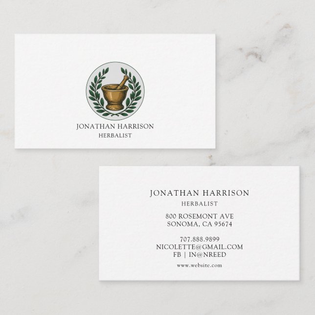 Tarjeta De Visita Pestle de Mortero Ilustrado Herbalístico (Anverso / Reverso)