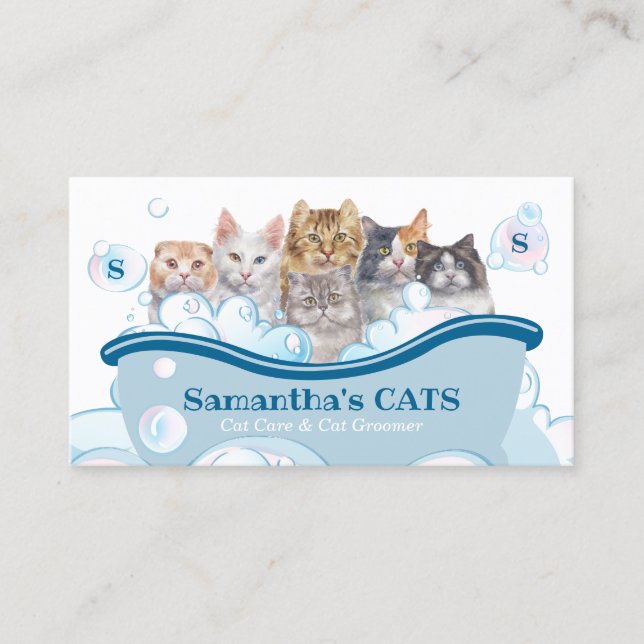 Tarjeta De Visita Pet Care Spa Salon Sitting Bathtub Groomer Cat (Anverso)