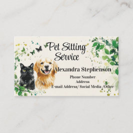 Tarjeta De Visita Pet Sitting Service Watercolor Butterfly Dog Cat