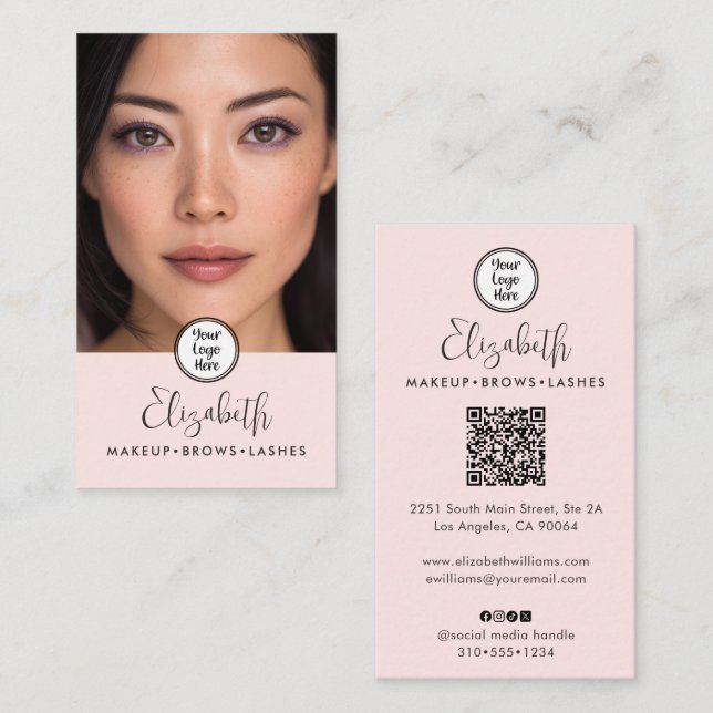 Tarjeta De Visita Photo Blush Pink Script Black Logo QR Code Makeup (Anverso / Reverso)