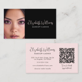 Tarjeta De Visita Photo Blush Pink Script Black QR Code Makeup Chic