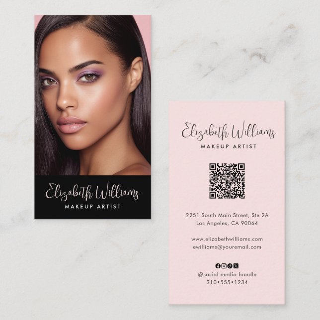 Tarjeta De Visita Photo Blush Pink Script Black Social Icon QR Code (Anverso / Reverso)
