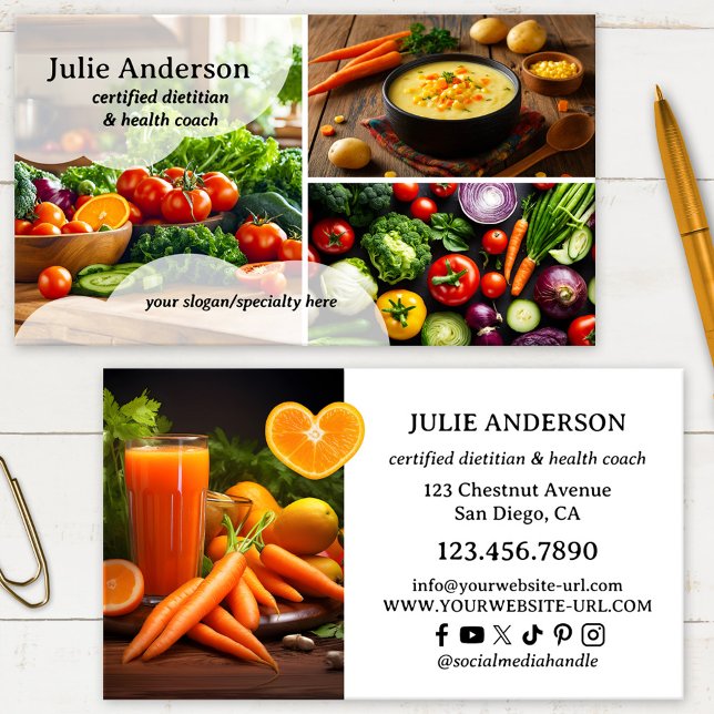 Tarjeta De Visita Photo Dietitian Nutritionist Health Coach (Professional business card for a nutritional therapist or dietitian featuring a custom photo collage)