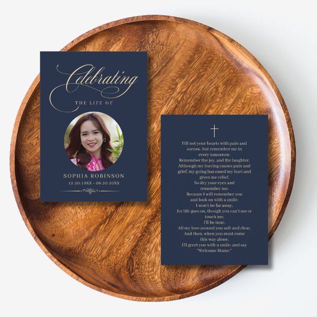 Tarjeta De Visita Photo Elegant Blue Gold Funeral Prayer Cards (Subido por el creador)