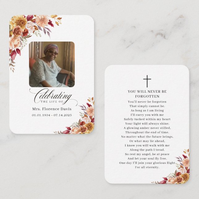Tarjeta De Visita Photo Funeral Memorial Floral Prayer Card (Anverso / Reverso)