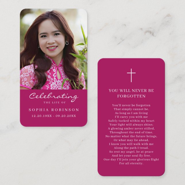 Tarjeta De Visita Photo Funeral Memorial Pink Prayer Card (Anverso / Reverso)