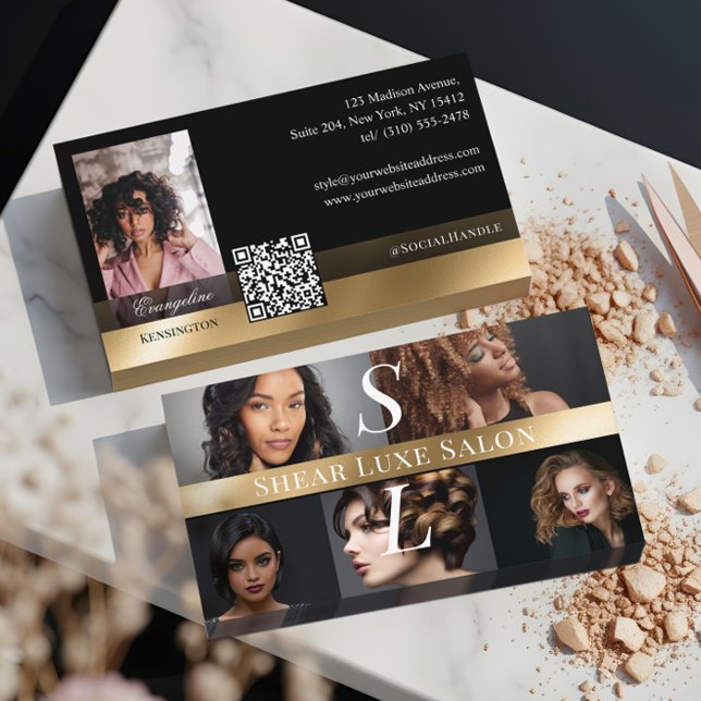 Tarjeta De Visita Photo Hair Salon Stylist Luxe Monogram Black Gold (Photo Hair Salon Stylist Luxe Monogram Black Gold Business Card)