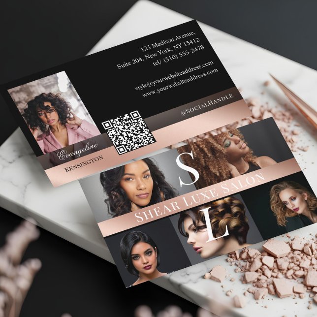 Tarjeta De Visita Photo Hair Salon Stylist Luxe Monogram Black Rose (Photo Hair Salon Stylist Luxe Monogram Black Rose Business Card)