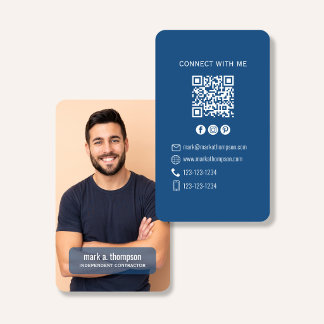 Tarjeta De Visita Photo QR Code Connect With Me Blue Modern