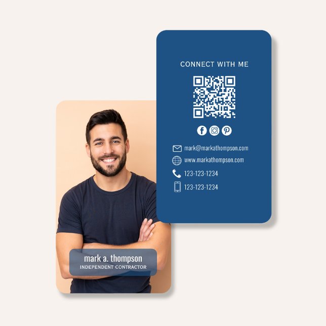 Tarjeta De Visita Photo QR Code Connect With Me Blue Modern (Blue QR code contact card with photo and clean corporate style design)