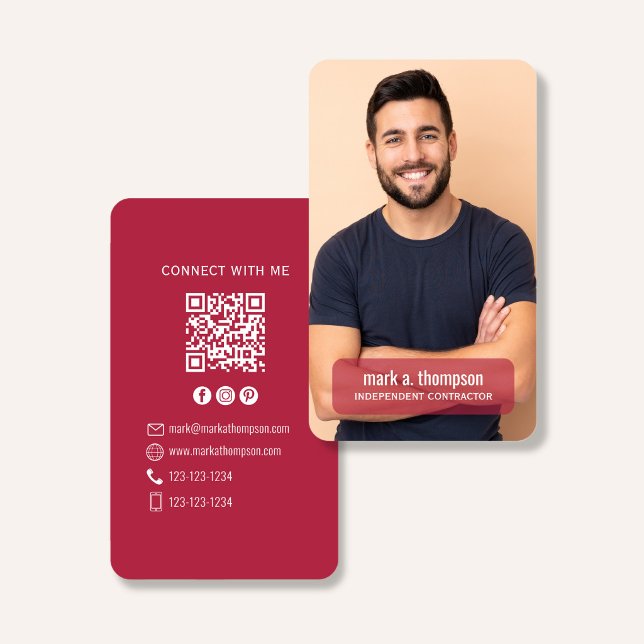 Tarjeta De Visita Photo QR Code Connect With Me Burgundy Modern (Elegant burgundy QR code contact design with photo and clean modern layout)