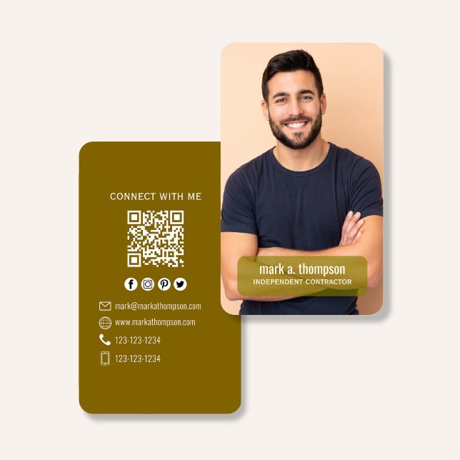 Tarjeta De Visita Photo QR Code Connect With Me Mustard Modern (Modern mustard QR code business card with photo and clean professional layout)