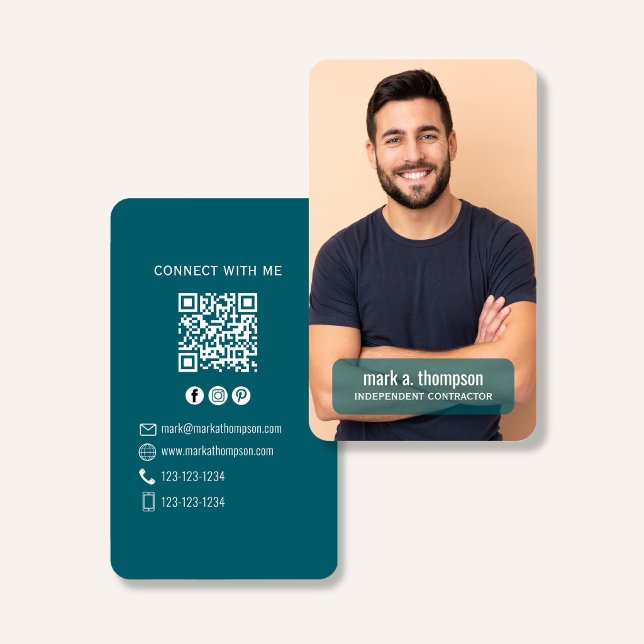 Tarjeta De Visita Photo QR Code Connect With Me Teal Modern (Modern photo QR code contact design with teal layout and clean professional branding)