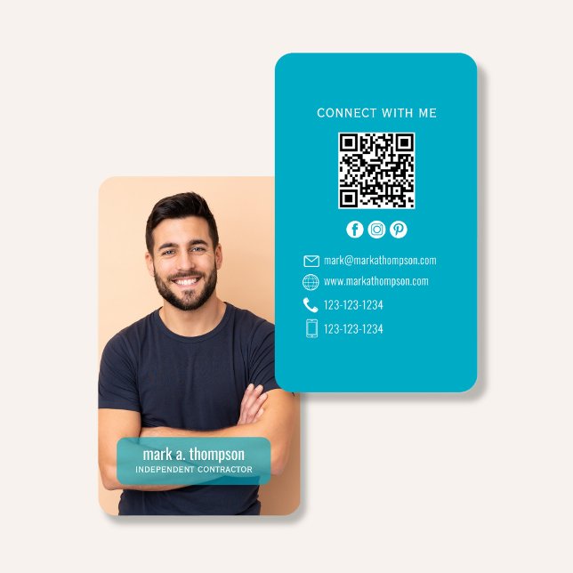 Tarjeta De Visita Photo QR Code Connect With Me Teal Modern (Modern teal QR code contact design with photo and clean professional layout)