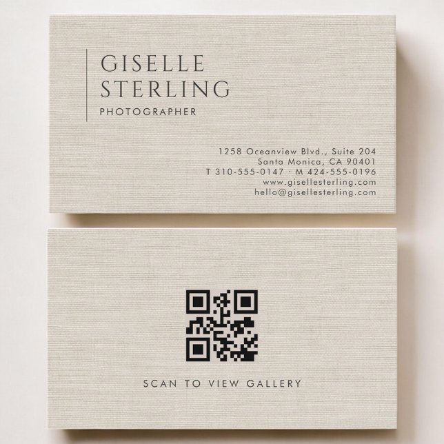 Tarjeta De Visita Photographer Luxury Neutral Linen QR Code (Subido por el creador)