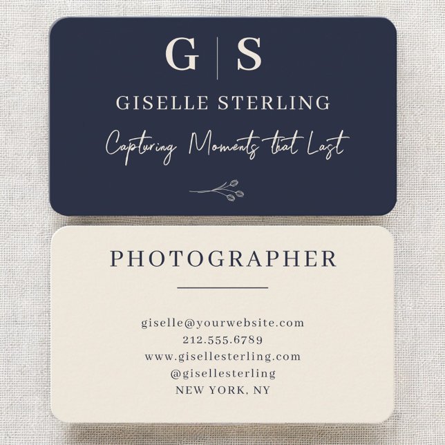 Tarjeta De Visita Photographer Navy Blue Monogram (Subido por el creador)