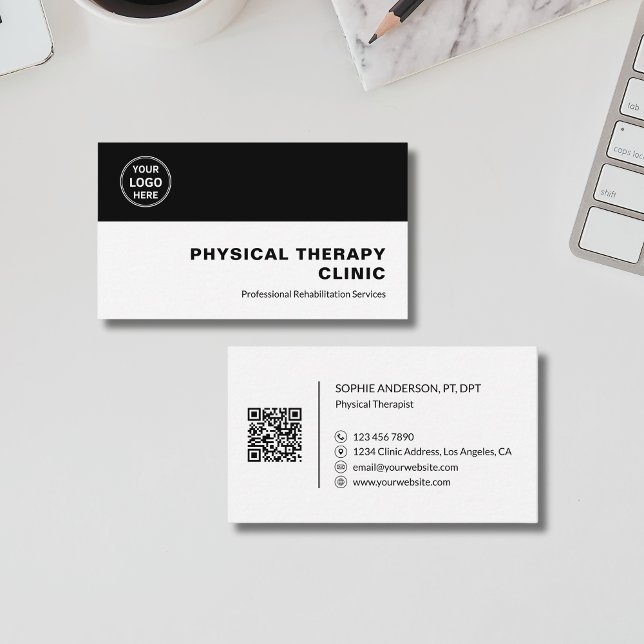 Tarjeta De Visita Physical Therapy Clinic Professional Logo QR Black (Physical Therapy Clinic Professional Logo QR Black Business Card)