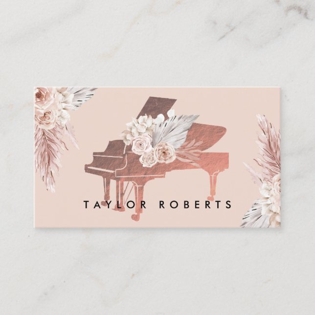 Tarjeta De Visita pianista beige pampas con flores de boho (Anverso)