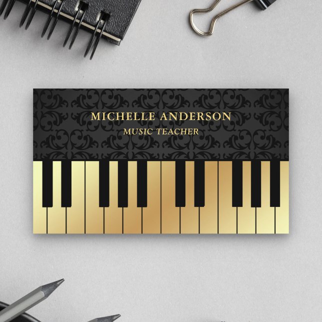 Tarjeta De Visita Pianista de maestros de teclado Black Damask Gold  (Subido por el creador)