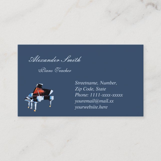 Tarjeta De Visita Piano de profesor de música elegante azul (Anverso)