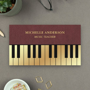 Tarjeta De Visita Piano Falso Cuero Dorado Profesor Teclado Pianista