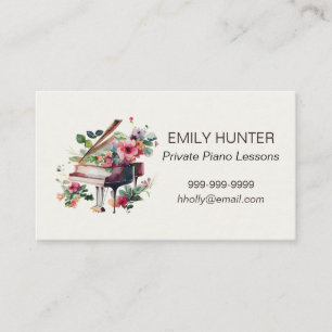 Tarjeta de visita Piano Lessons con piano floral