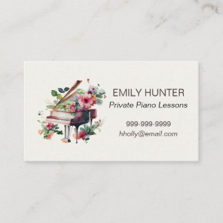 Tarjeta de visita Piano Lessons con piano floral