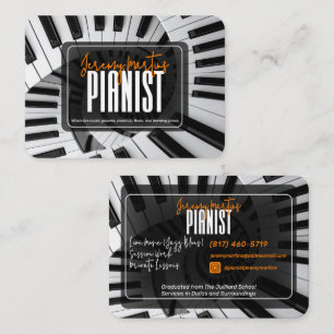 Tarjeta De Visita Piano Moderno Espiral Blanco sobre Negro Naranja P