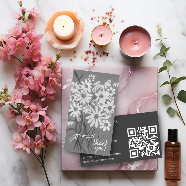 Tarjeta De Visita Pida GRACIAS Cute Daisy Bouquet QR Code B&W (Custom thank you order card with watercolor daisy bouquet and QR code)