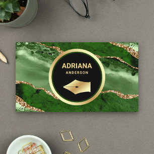 Tarjeta De Visita Piedra Ágata Esmeralda Verde Abogado Bufete Pluma