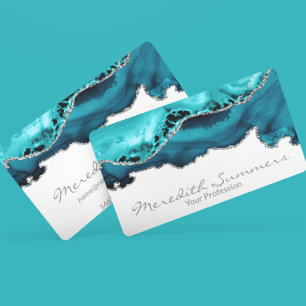 Tarjeta De Visita Piedra Ágata Teal Metálico Plateado Personalizado
