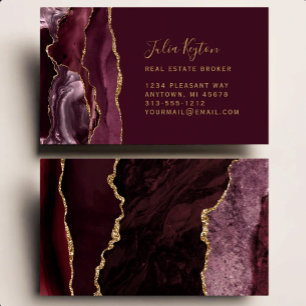 Tarjeta De Visita Piedra Geoda Ágata Rojo Borgoña Resplandor Dorado 
