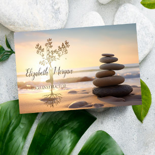 Tarjeta De Visita Piedras Zen, Amanecer, Silueta de árbol dorado