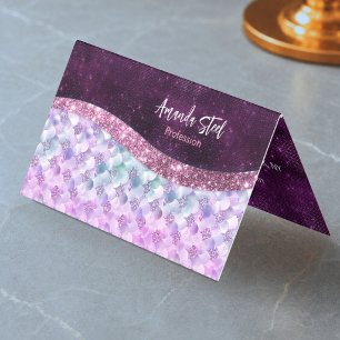 Tarjeta De Visita Piel de sirena rosa plata falso brillo monograma