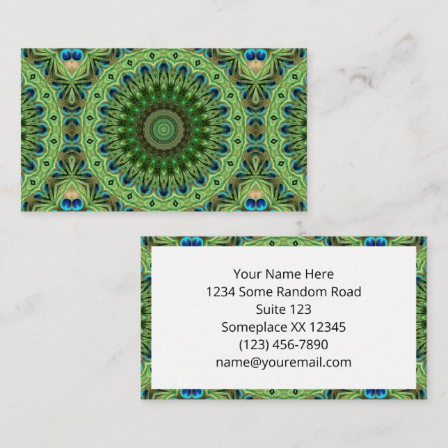 Tarjeta De Visita Pieza de pavo real Mandala Esmeralda y Simetría az (Anverso / Reverso)