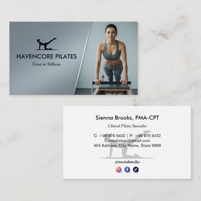 Tarjeta De Visita Pilates Studio Business | Modern Gray Barcode (Anverso / Reverso)