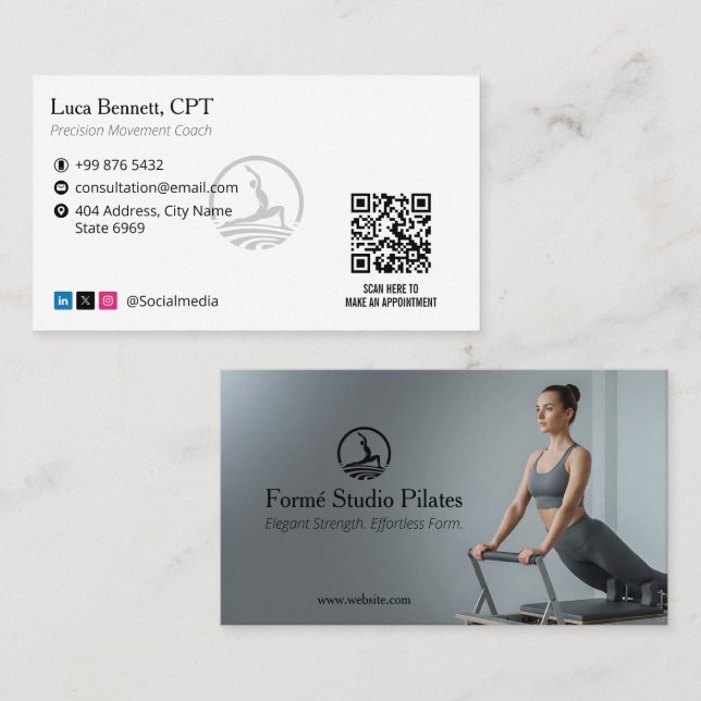 Tarjeta De Visita Pilates Studio Business | Modern Gray Barcode (Anverso / Reverso)